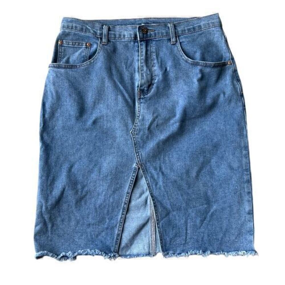 HG Happily Gray split front denim blue jean skirt front split hem size 32